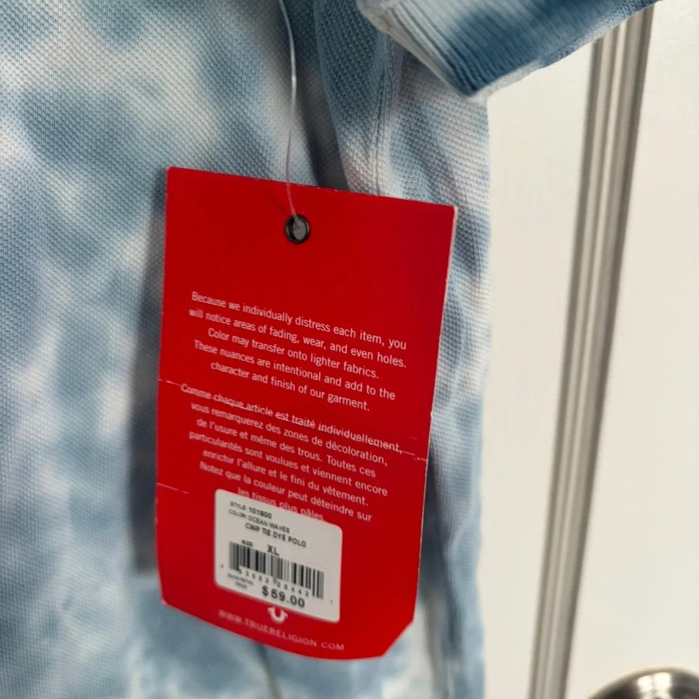 NWT True Religion Men's XL Blue Tie-Dye Polo Shirt Ocean Waves Horseshoe Logo